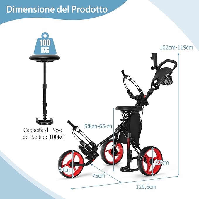 Carrello da Golf Pieghevole con 3 Ruote, Trolley da Golf Altezza Regolabile di Alluminio con Sedile, Porta Ombrello e Porta Bevande(Rosso)
