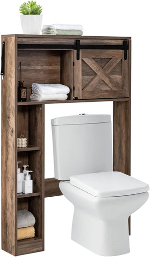 Mobile Salva Spazio Sopra WC, Organizzatore del Bagno in Legno con Porta e 3 Ripiani di Stoccaggio, per Bagno Lavanderia, 84x17x128 cm (Marrone)