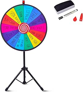 24 Pollici Ruota della Fortuna da Terra Altezza Regolabile, Wheel of Fortune con Marcatore e Cancellatore, 2 Indicatori da Ricambio, 14 Slots, per Carnevale e Feste (24 Pollici Treppiede)