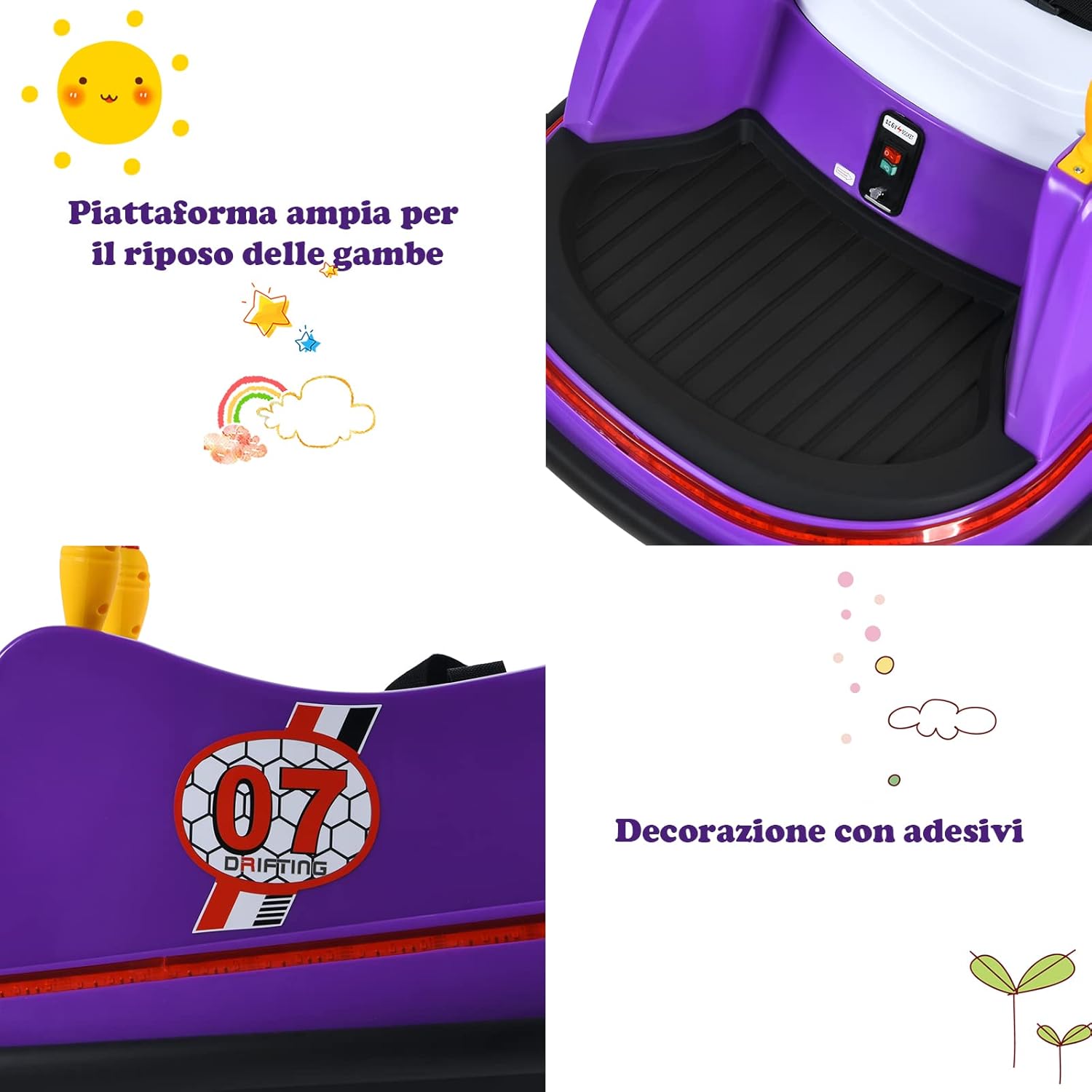 Veicolo Elettrico Macchina Elettrica Design Autoscontro per Bambini, Girevole a 360°, con Luci e Musica, con Telecomando, per Bambini 2-5 Anni (Viola)