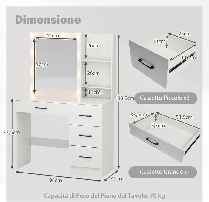 Toeletta da Trucco con Specchio, Tavolo da Trucco con Stazione di Ricarica, Luci LED a 3 Colori, Tavolo da Trucco con 4 Cassetti, 2 Ripiani, per Camera da Letto, Soggiorno