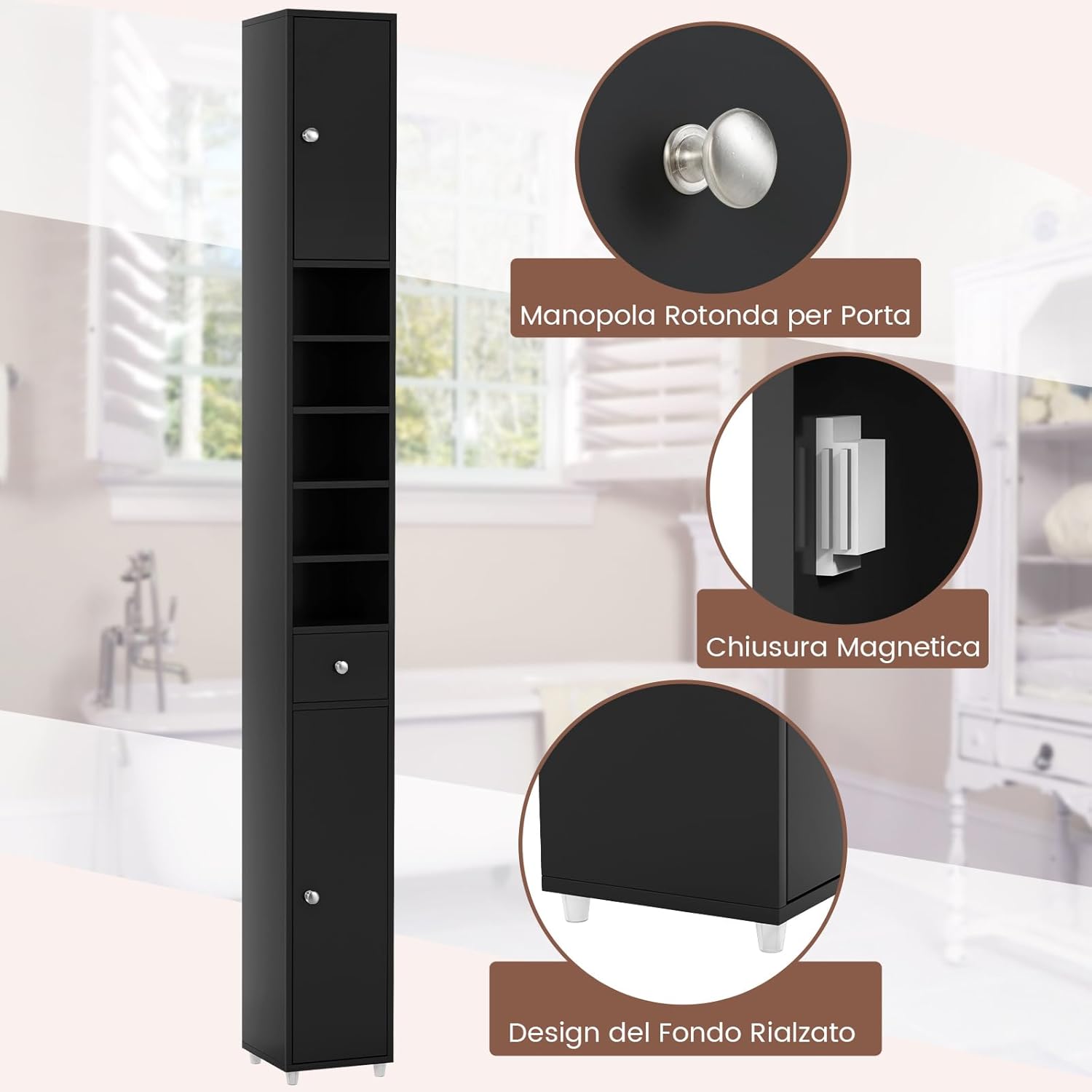 Armadio da Terra Alto, Mobile Colonna Bagno con 2 Ante 1 Cassetto e 5 Ripiani Regolabili, Mobile Bagno Salvaspazio per Bagno Soggiorno Camera da Letto, 20x20x180cm (Nero)