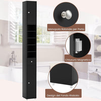 Armadio da Terra Alto, Mobile Colonna Bagno con 2 Ante 1 Cassetto e 5 Ripiani Regolabili, Mobile Bagno Salvaspazio per Bagno Soggiorno Camera da Letto, 20x20x180cm (Nero)