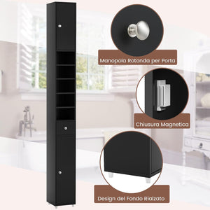 Armadio da Terra Alto, Mobile Colonna Bagno con 2 Ante 1 Cassetto e 5 Ripiani Regolabili, Mobile Bagno Salvaspazio per Bagno Soggiorno Camera da Letto, 20x20x180cm (Nero)