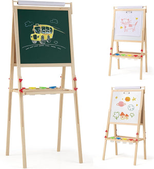 3 in 1 Cavalletto per Bambini, Cavalletto Doppia Faccia Regolabile con Lavagna Magnetica e Bianca, Rotolo di Carta, 4 Bicchieri per Vernice e Vassoio per Stoccaggio, per Bambini 3-10 Anni