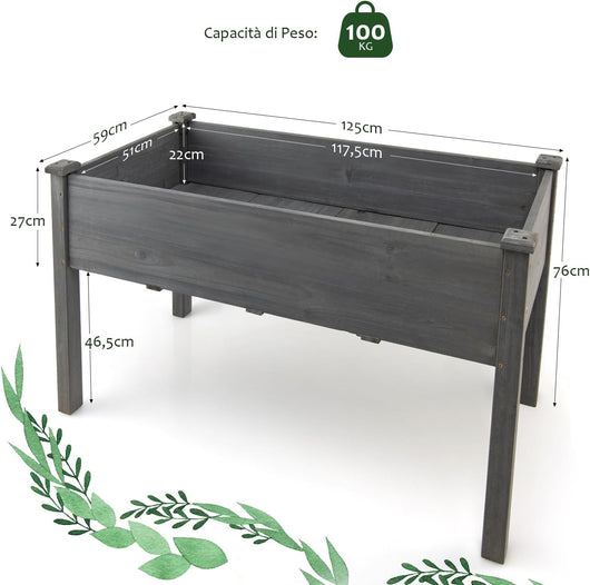 Fioriera Rialzata in Legno, Fioriera da Esterno per Coltivazione di Ortaggi, Fiori, Erbe e Frutta, Aiuola Elevata Grande per Balcone, Giardino e Cortile, 125 x 59 x 76 cm (Grigio)