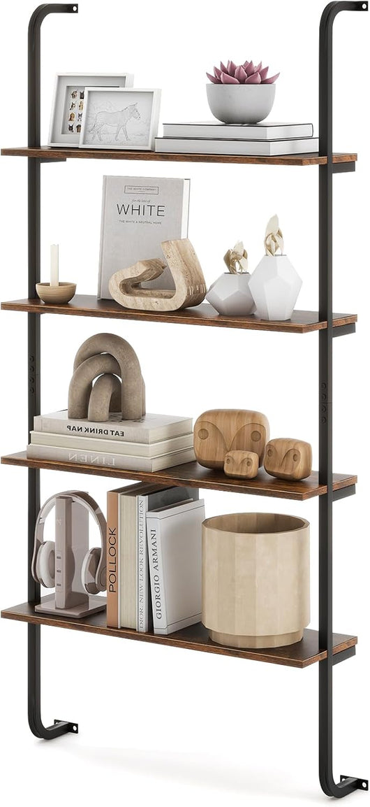 Scaffale a Scala a 4 Ripiani, Libreria Industriale da Parete in Legno con Telaio in Metallo, Libreria Salvaspazio per Soggiorno, Cucina, Studio e Camera da Letto