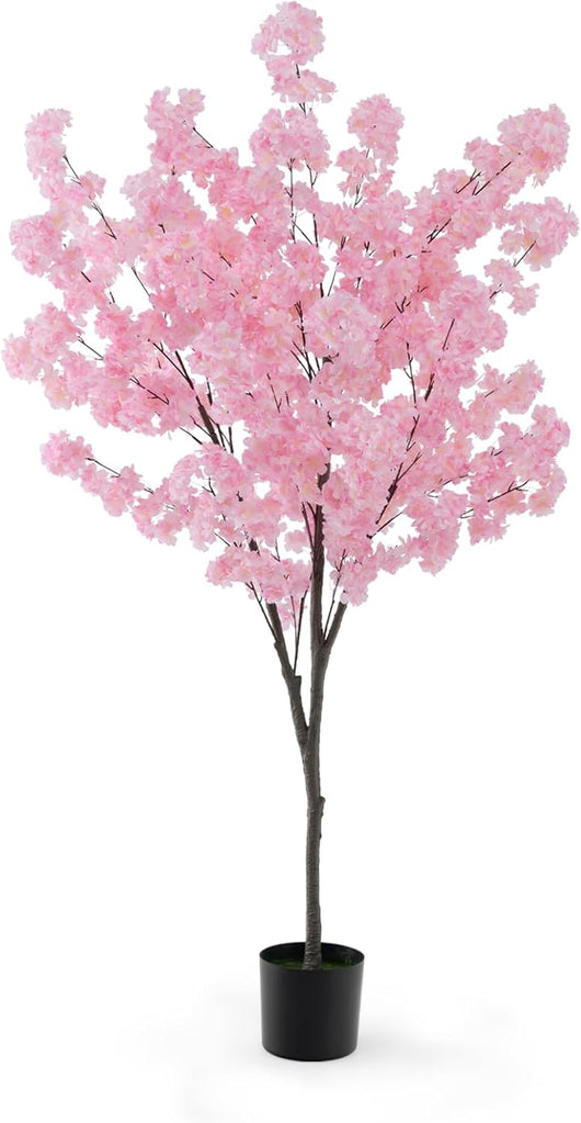 Albero di Finti Fiori di Ciliegio, Albero Artificiale con 900 Fiori Rosa, Tronco in PE Robusto, Base Riempita di Cemento, Pianta Floreale Finta in Vaso per Ufficio e Casa