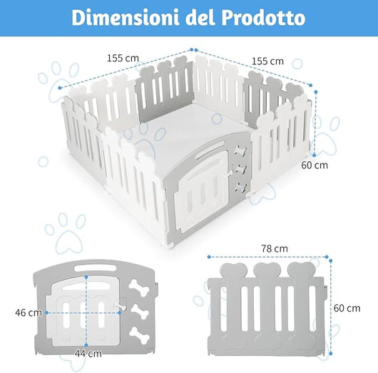 Recinto per Animali con 8 Pannelli, Cancelletto per Cani e Cognigli in HDPE con Porta, Chiusura e Angoli Sicuri, Cancello per Animali da Interno ed Esterno (Grigio e Bianco)
