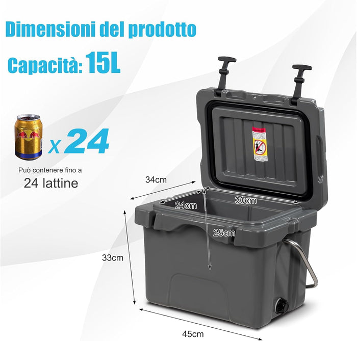 Contenitore per Ghiaccio da 15 L, Contenitore Termico con Maniglia 2 Porta Bicchieri, Contenitore Termico del Ghiaccio Portatile per Campeggio（Grigio)