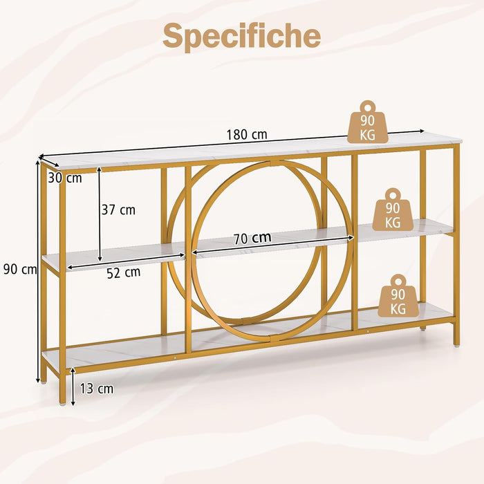 Tavolo Consolle a 3 Piani, Tavolo d’Ingresso con Piano in Legno, Struttura in Metallo e Ripiani, Tavolo per Corridoio, Soggiorno e Ingresso, 180 x 30 x 90 cm (Bianco e oro)