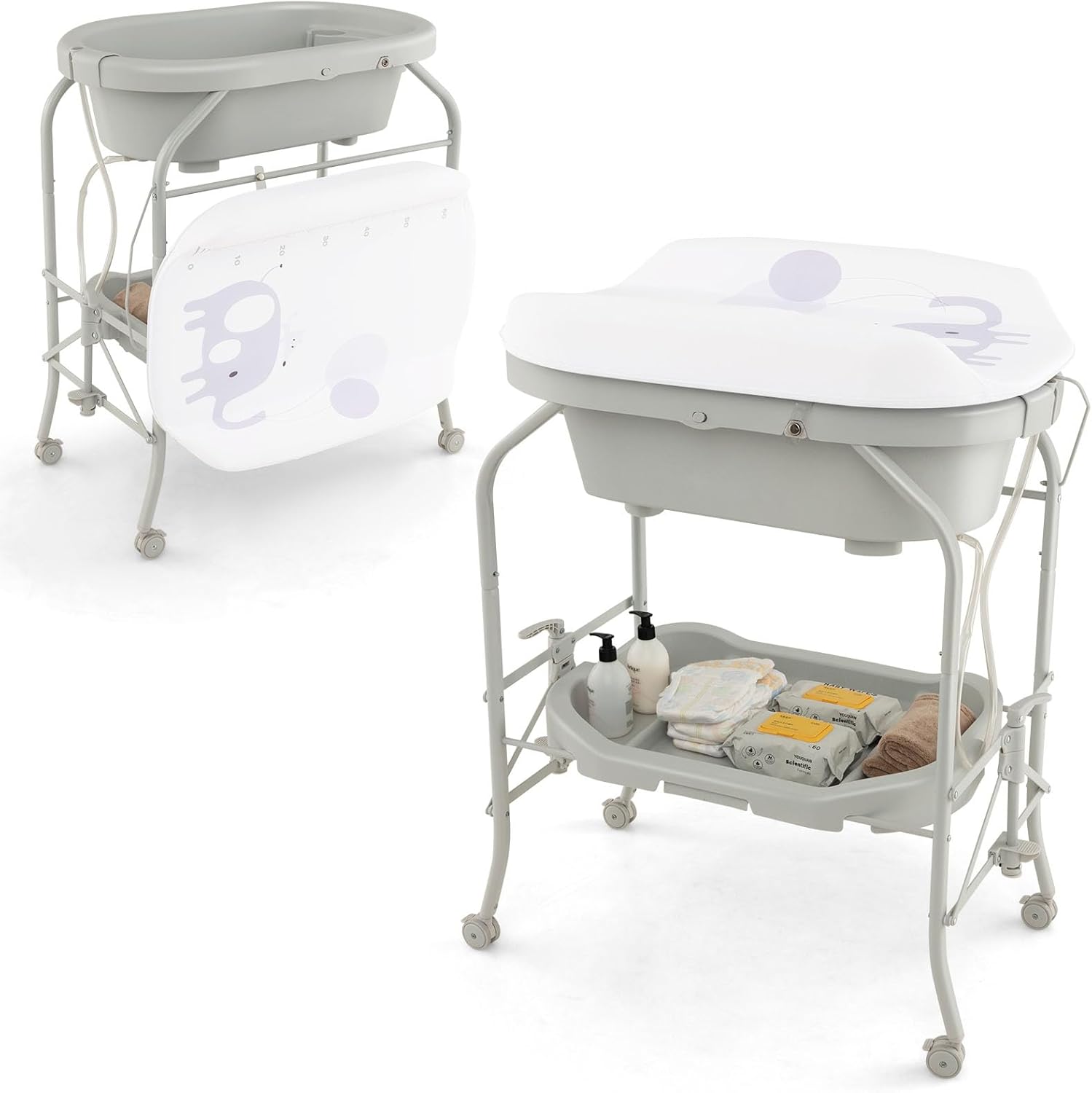 Fasciatoio con Vaschetta da Bagno per Neonati, Fasciatoio Pieghevole Salvaspazio con Materassino in PVC e Ruote, per Bambini 0-12 Mesi, Portata 15kg+35 kg (Grigio Chiaro)