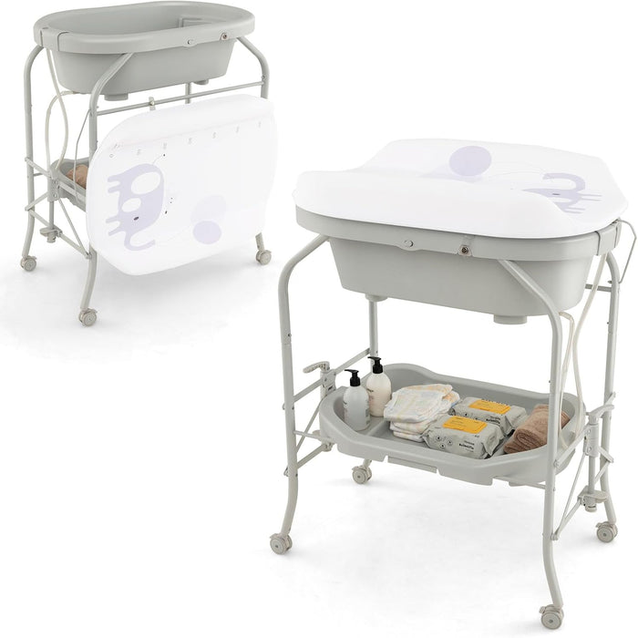Fasciatoio con Vaschetta da Bagno per Neonati, Fasciatoio Pieghevole Salvaspazio con Materassino in PVC e Ruote, per Bambini 0-12 Mesi, Portata 15kg+35 kg (Grigio Chiaro)