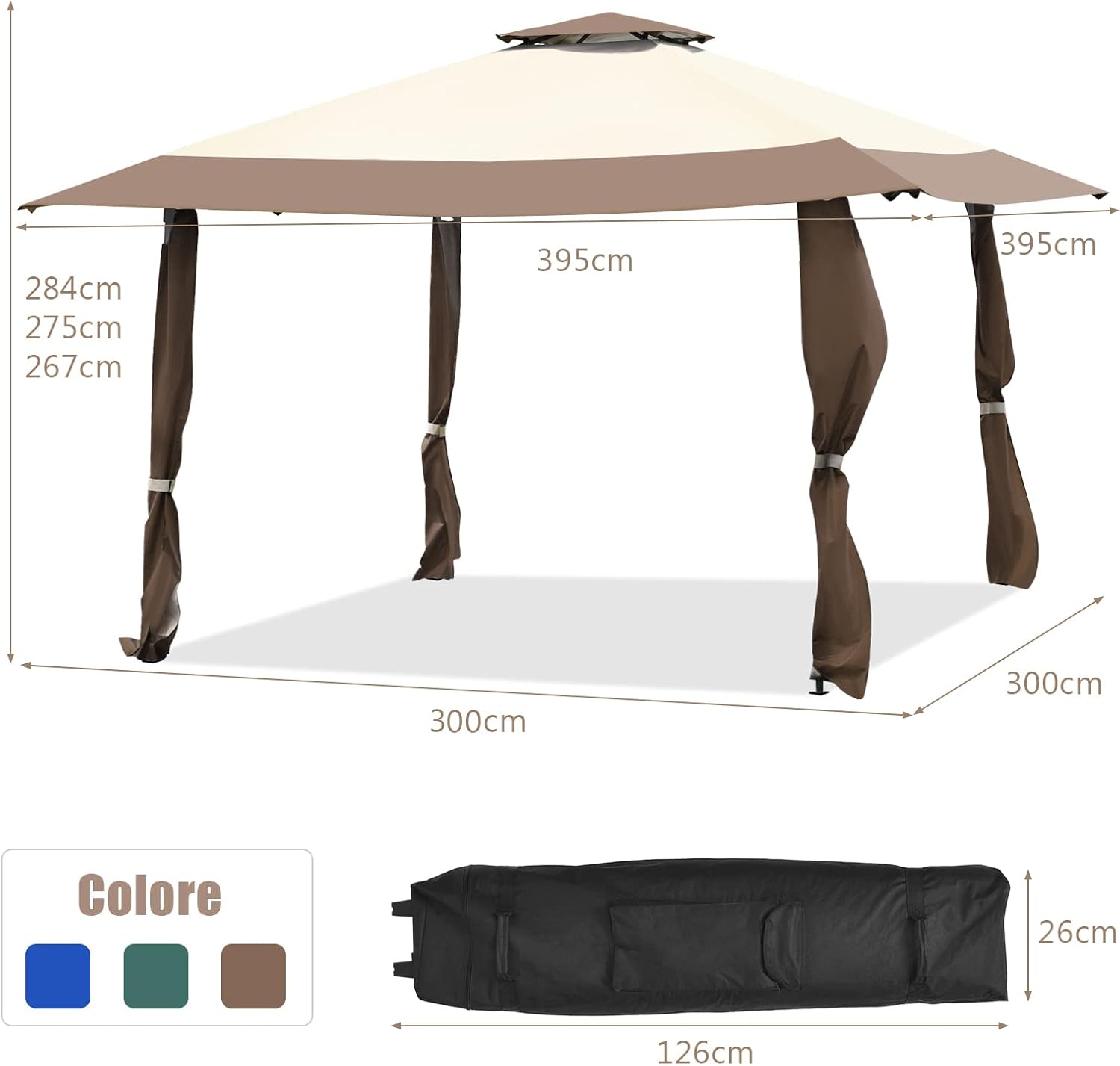 Gazebo da Giardino 3,95 x 3,95 M, Gazebo da Esterno con Tetto a 2 Livelli e 3 Altezze Regolabili, con Borsa,Tessuto Oxford, Ideale per Feste, Barbecue, Giardino, Spiaggia (Marrone)