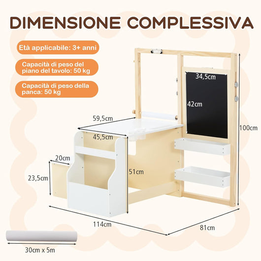 Tavolo Bambini con Sedie 3 in 1, Set Tavolo e Sedie per Bambini in Legno 114 x 81 x 100cm con Lavagna Cancellabile e Regolabile, Libreria, Scaffale e Accessori per l'Arte (Bianco)