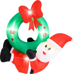 Decorazione Gonfiabile di Natale 120 CM, Babbo Natale Illuminato e Corona con Fiocco Rosso, 5 Luci LED, Soffiatore e 2 Corde, per Prato, Casa, Festa