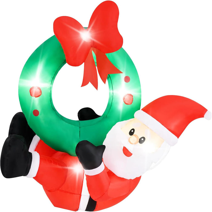 Decorazione Gonfiabile di Natale 120 CM, Babbo Natale Illuminato e Corona con Fiocco Rosso, 5 Luci LED, Soffiatore e 2 Corde, per Prato, Casa, Festa