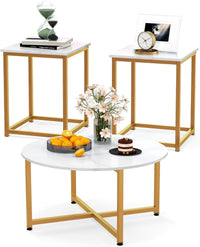 Set di Tavolini da Caffè 3 Pezzi, Tavolino Rotondo e 2 Tavolini Quadrati con Struttura Metallica Robusta, Set di Tavoli da Salotto Moderni 3 Pezzi (Bianco)