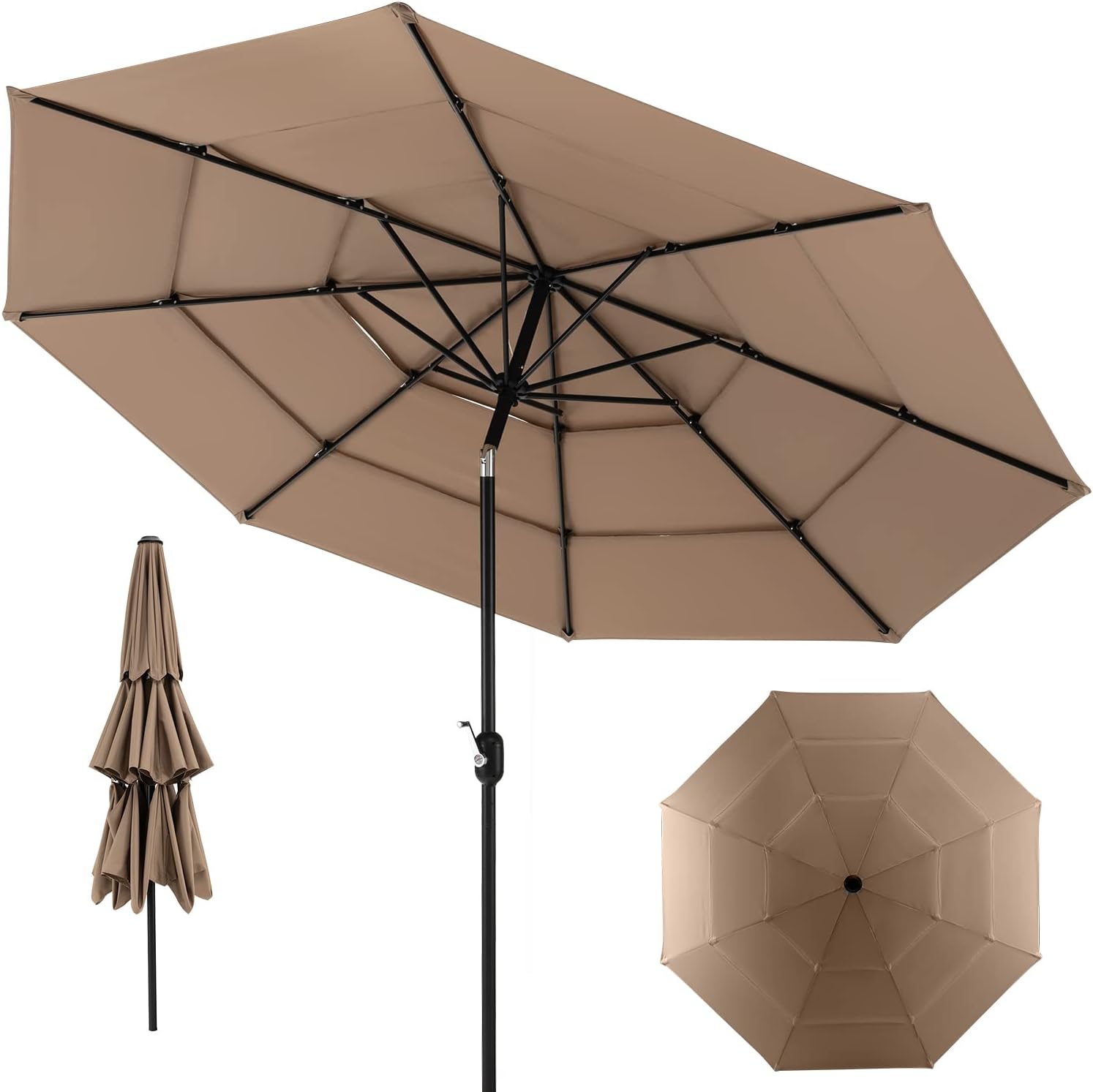 Ombrellone da Giardino 293 cm a 3 Livelli, Ombrellone da Esterno con Doppia Ventilazione, Inclinazione Regolabile, con Manovella 8 Stecche, Ombrellone da Spiaggia Giardino Piscina (Caffè)