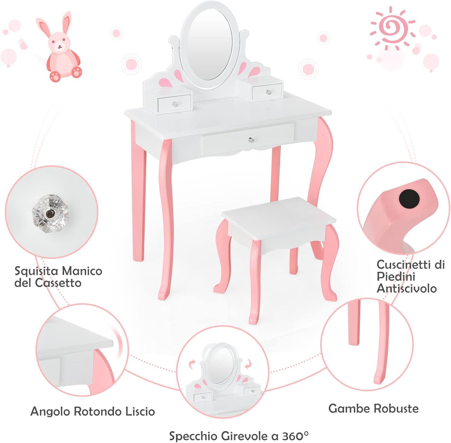 Toeletta Trucco 2 in 1 per Bambina, Specchiera Staccabile per Ragazza in Legno con Sgabello, Portapenni, Cassetto e Specchio Girevole a 360°, Postazione Trucco, 70 x 34 x 105cm (Bianco)