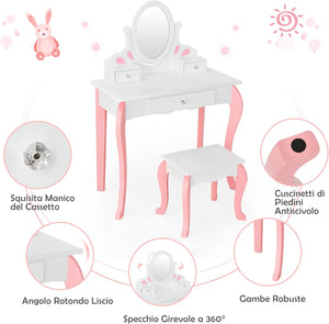 Toeletta Trucco 2 in 1 per Bambina, Specchiera Staccabile per Ragazza in Legno con Sgabello, Portapenni, Cassetto e Specchio Girevole a 360°, Postazione Trucco, 70 x 34 x 105cm (Bianco)