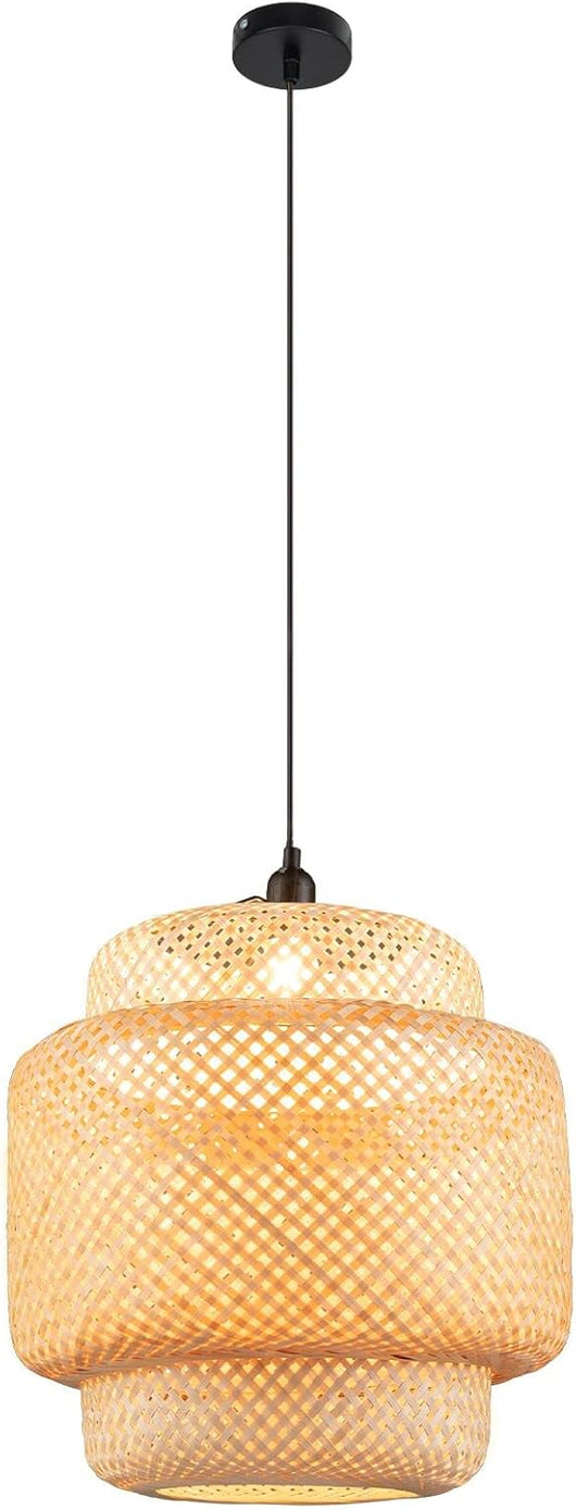 Lampadario da Camera da Letto, Soggiorno e Cucina, Lampada a Sospensione in Bambù con Paralume e Corda Regolabile, Plafoniera Soffitto Moderno e Vintage