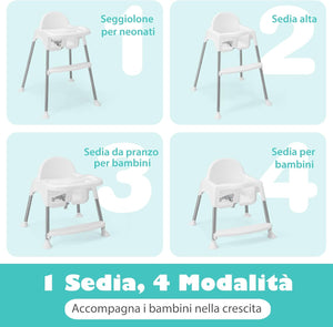 4 in 1 Seggiolone Papa per Bambini, Seggiolone per Neonati con Doppio Vassoio Rimovibile a 2 Posizioni, Cintura di Sicurezza e Poggiapiedi, per Bambini 6-36 Mesi (Bianco)