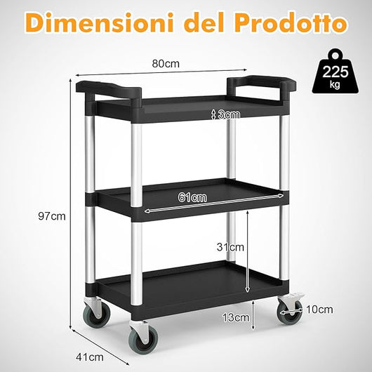 Carrello Portautensili Attrezzi a 3 Livelli, Carrello di Servizio da Officino con Rutoe Bloccabili, Doppie Maniglie e Struttura Robusta in Alluminio, Portata 225kg, per Magazzino e Cucina