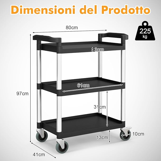Carrello Portautensili Attrezzi a 3 Livelli, Carrello di Servizio da Officino con Rutoe Bloccabili, Doppie Maniglie e Struttura Robusta in Alluminio, Portata 225kg, per Magazzino e Cucina