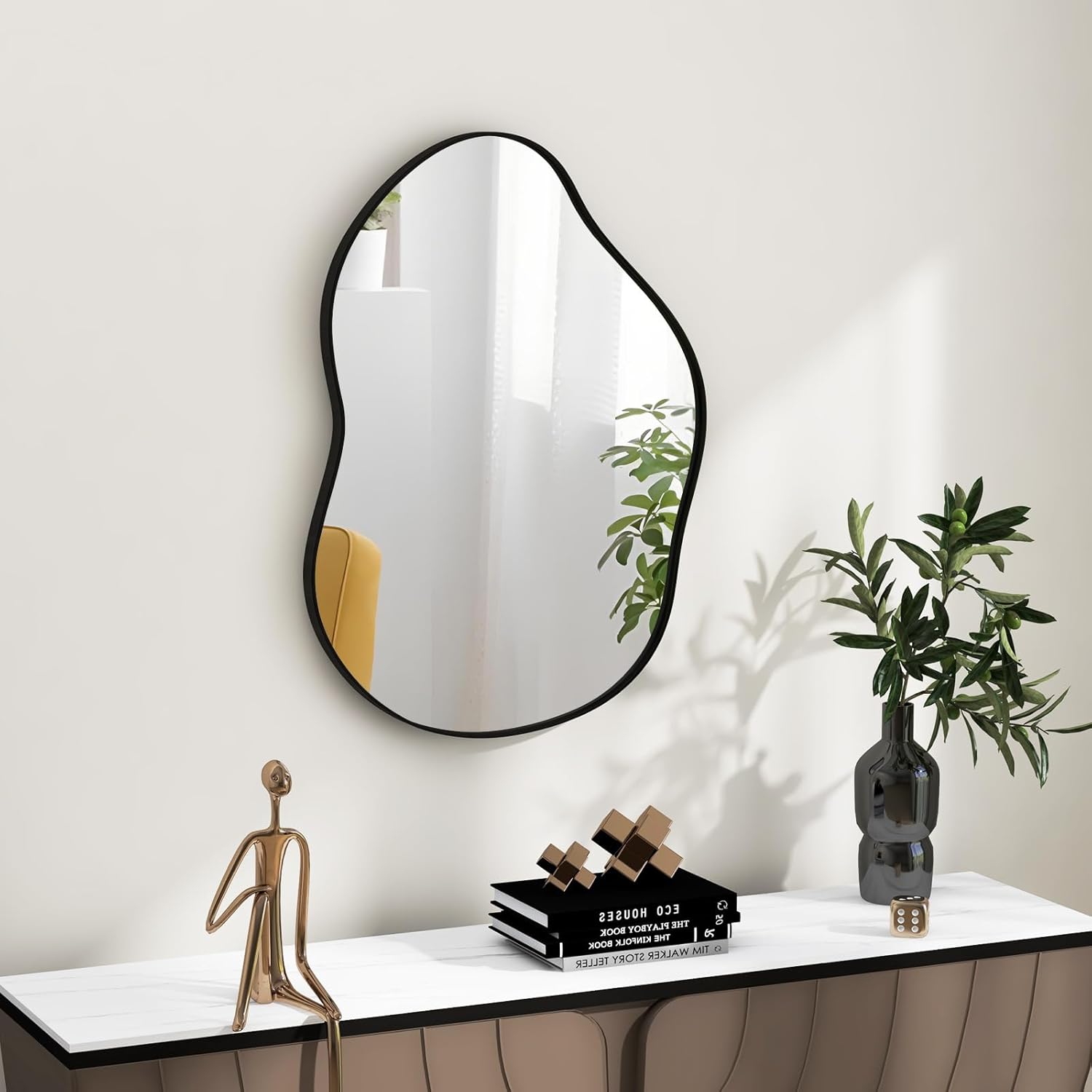 Specchio da Parete 78x56 cm, Specchio da Bagno a Forma Irregolare con Base Posteriore Premium, Specchio Decorativo per Soggiorno Ingresso Bagno (78 x 56 cm Nero)