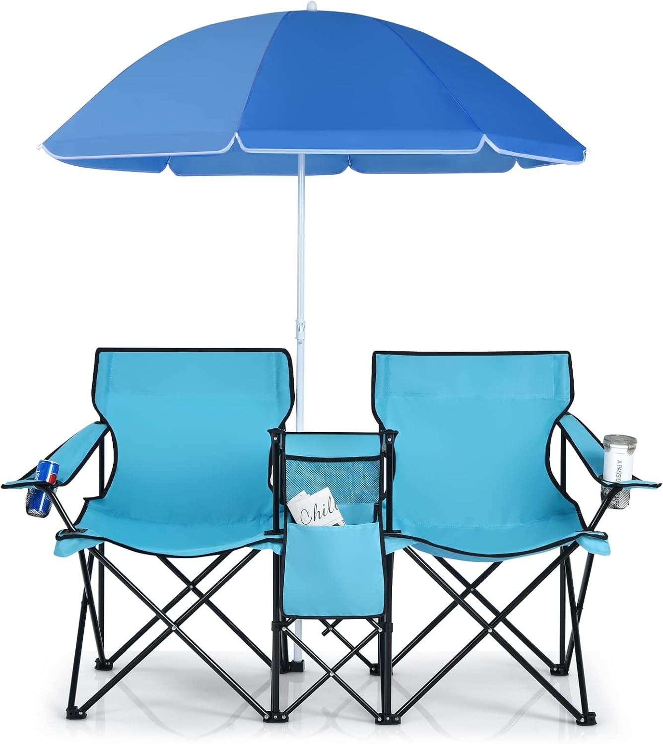 Set di 2 Sedie da Campeggio Pieghevoli, con Ombrellone e Tavolino Contenitore, Resistente e Leggero, Capacità 113 kg (blu)