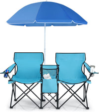 Set di 2 Sedie da Campeggio Pieghevoli, con Ombrellone e Tavolino Contenitore, Resistente e Leggero, Capacità 113 kg (blu)