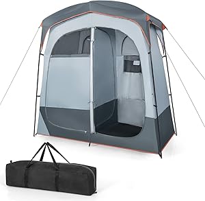 Tenda Spogliatoio da Esterno a 2 Stanze, Tenda da Doccia da Campeggio con Parapioggia Rimovibile, Stendibiancheria e Borsa, Tenda per WC Doccia per Campeggio, Spiaggia e Pesca(Grigio)