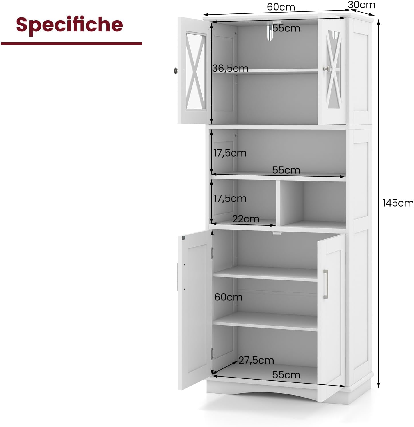 Mobile Bagno, Armadietto Salvaspazio con Porte in Acrilico, Ripiani Regolabili e Ampio Scomparto, Armadio da Terra in Legno per Soggiorno, Camera da Letto, Salotto e Cucina (Bianco)