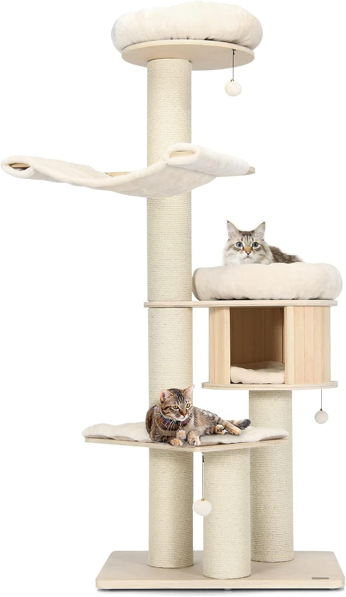 Albero per Gatti in Legno Massiccio da 174 CM, Torre per Gatti a 4 Livelli con Pali Sisal, Nicchia per Gatti, Trespoli, Amaca, Palline, Albero Tiragraffi per Gattini e Gatti Adulti