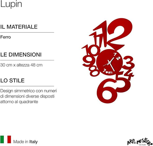 Orologio da Parete Lupin Design Moderno Rosso - Made in Italy, Acciaio, Ø 50 cm, Stile Minimal per Soggiorno, Cucina, Ufficio - Arti e Mestieri