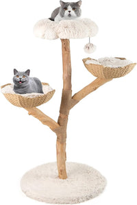 Albero per Gatti, Tiragraffi per Gattini Alta 122 cm con Ramo in Legno con Piattaforma a Fiore, 2 Cesti in Rattan, Pali Tiragraffi in Juta e Pallina Pendente, Mobile per Gatti da Interno