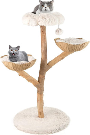 Albero per Gatti, Tiragraffi per Gattini Alta 122 cm con Ramo in Legno con Piattaforma a Fiore, 2 Cesti in Rattan, Pali Tiragraffi in Juta e Pallina Pendente, Mobile per Gatti da Interno