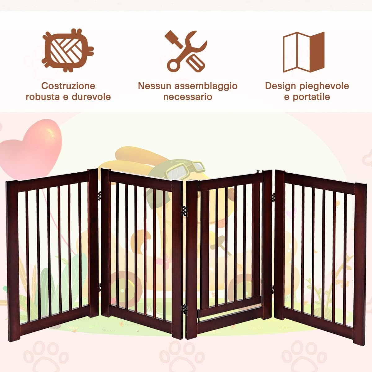 Cancelletto per Cani in Legno Massello, Cancello per Cani da Interno Girevole e Pieghevole, con 4 Ante, Cuscinetti Antiscivolo e Serratura, Ideale per Cani di Piccola/Media Taglia