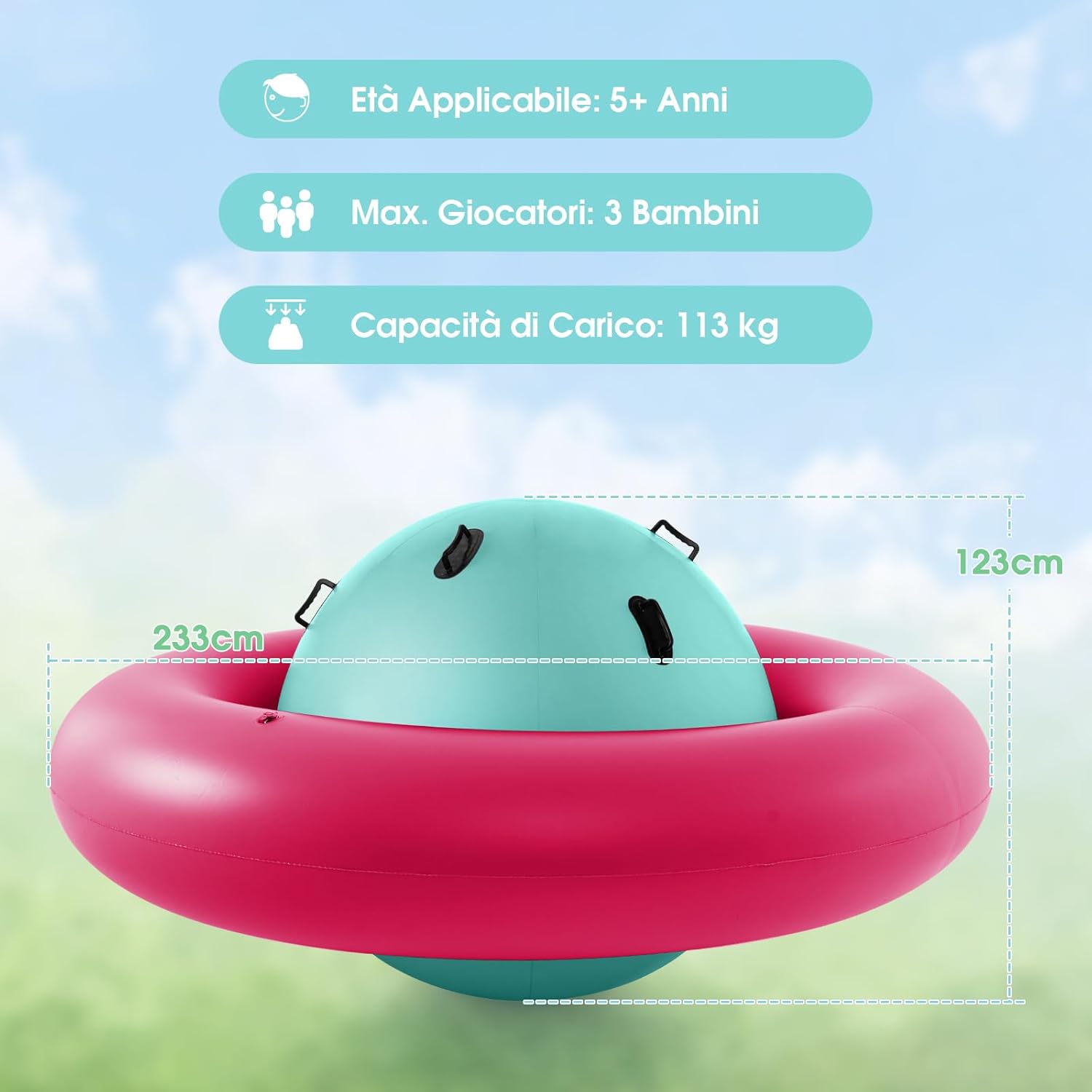 Giostra Gonfiabile a Pianeta per Bambini da 223CM per Inclinare, Arrampicarsi e Saltare con 6 Maniglie Incorporate, Giocattolo Spaziale per Esterno per Bambini dai 5 Anni+ (Rosa+Verde)