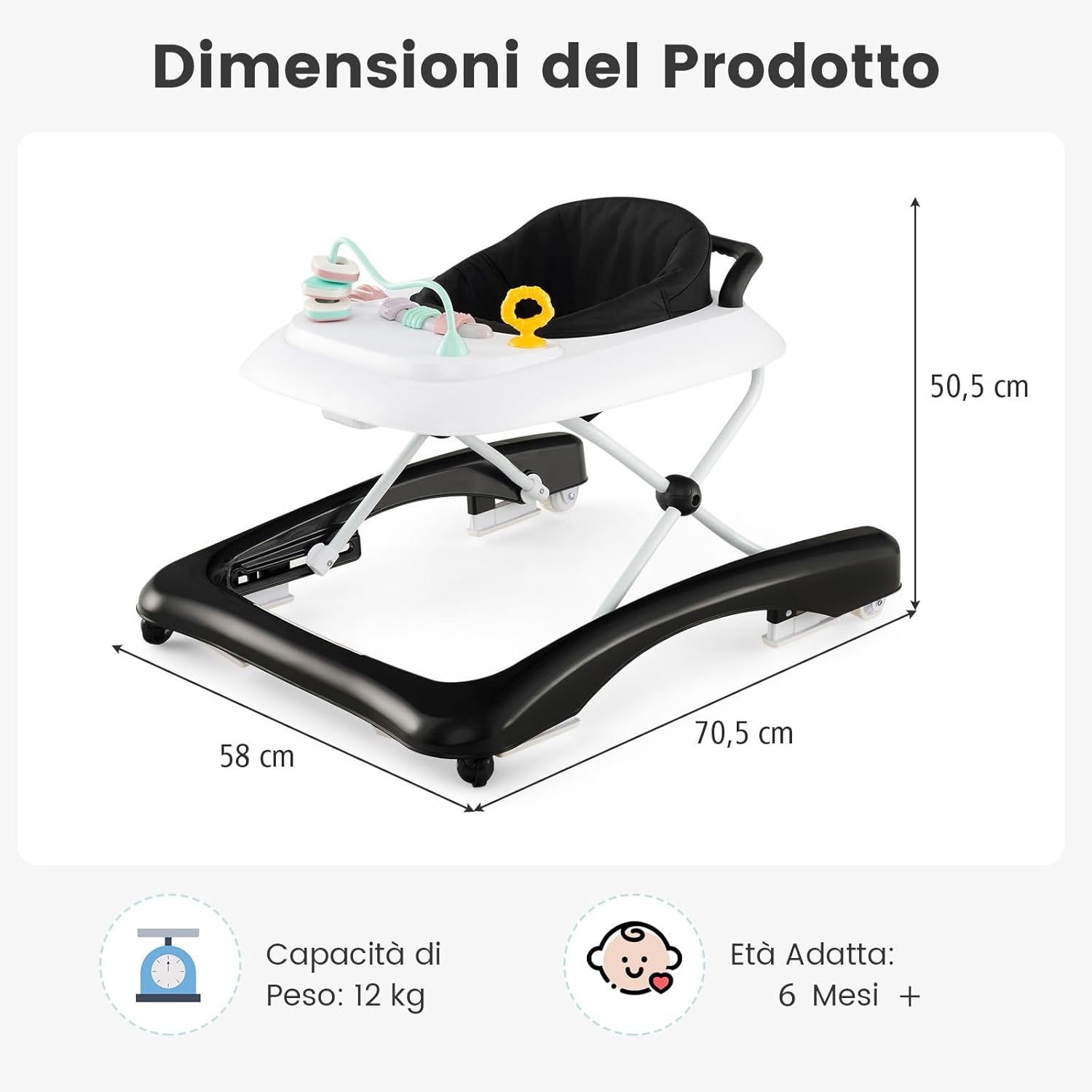 3 in 1 Girello per Bambini, Girello Pieghevole per Bambini, con 3 Altezze Regolabili, Sedile Imbottito e Piatto Giocattolo Rimovibile, Girello a Spinta con Ruote, per Bambini 6+ Mesi (Nero)