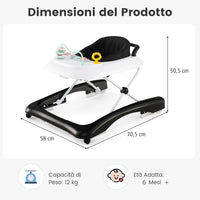 3 in 1 Girello per Bambini, Girello Pieghevole per Bambini, con 3 Altezze Regolabili, Sedile Imbottito e Piatto Giocattolo Rimovibile, Girello a Spinta con Ruote, per Bambini 6+ Mesi (Nero)