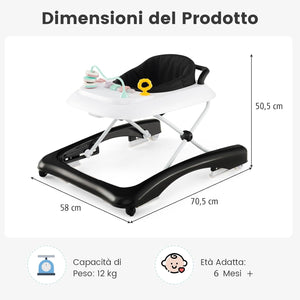 3 in 1 Girello per Bambini, Girello Pieghevole per Bambini, con 3 Altezze Regolabili, Sedile Imbottito e Piatto Giocattolo Rimovibile, Girello a Spinta con Ruote, per Bambini 6+ Mesi (Nero)