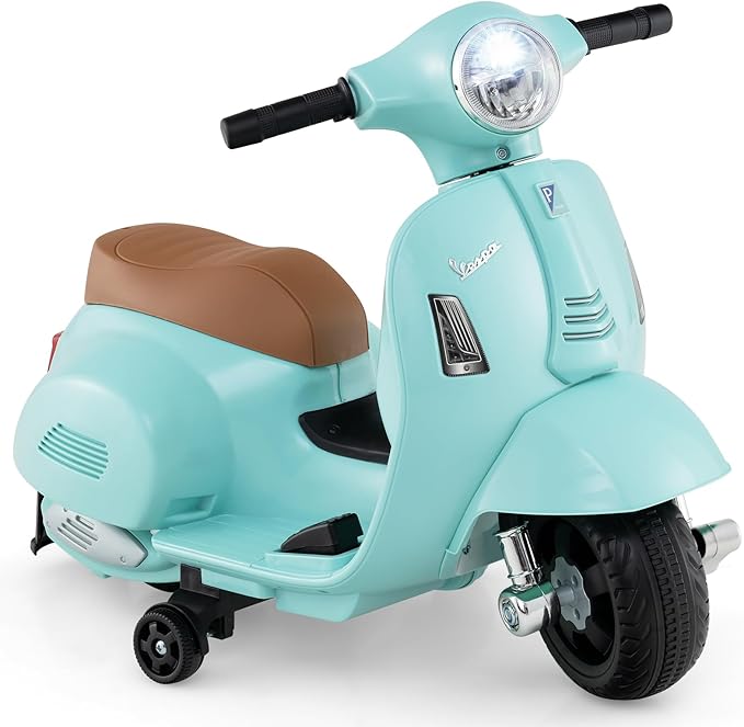 Moto Elettrica per Bambini, 6V Mini Moto per Bambini 18-36 Mesi, con Licenza Ufficiale Vespa, con Luci a LED e Suoni di Clacson, Portata 25 kg, 2 Ruote di Allenamento, 2,5 km/h (Blu)