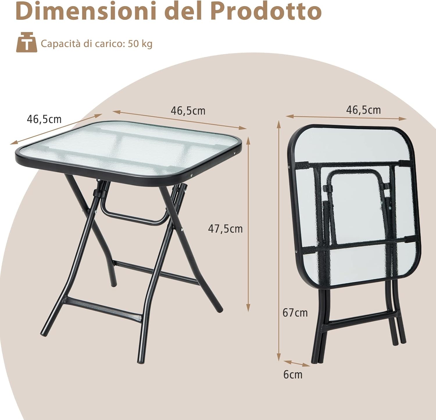 Tavolo Quadrato da Giardino, Tavolino Pieghevole e Portatile con Telaio Antiruggine con Superficie in Vetro Tavolo da Esterno per Cortile, Giardino e Balcone, 46,5 x 46,5 x 47,5 cm