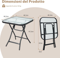 Tavolo Quadrato da Giardino, Tavolino Pieghevole e Portatile con Telaio Antiruggine con Superficie in Vetro Tavolo da Esterno per Cortile, Giardino e Balcone, 46,5 x 46,5 x 47,5 cm