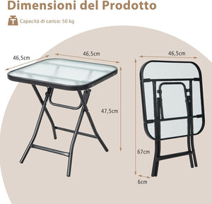 Tavolo Quadrato da Giardino, Tavolino Pieghevole e Portatile con Telaio Antiruggine con Superficie in Vetro Tavolo da Esterno per Cortile, Giardino e Balcone, 46,5 x 46,5 x 47,5 cm