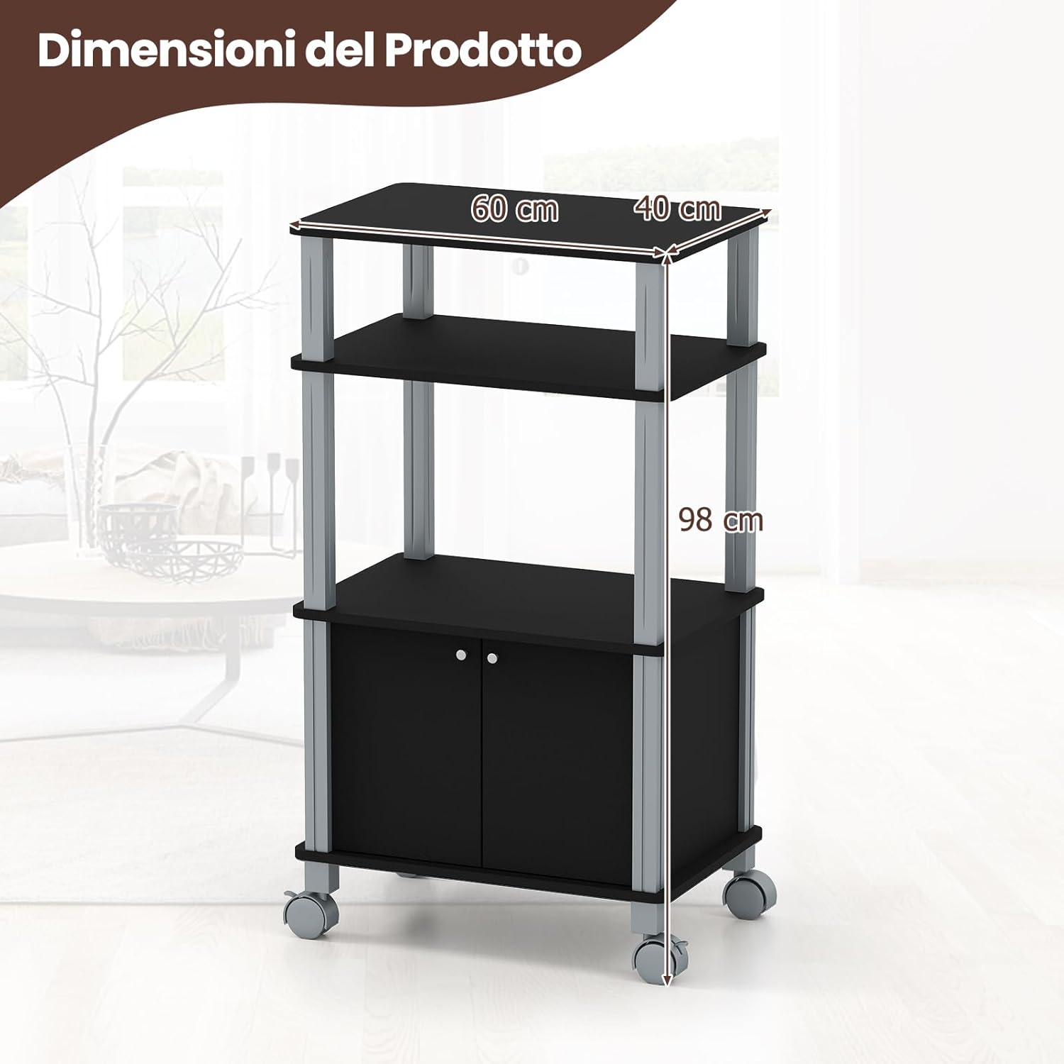 Scaffale da Cucina per Microonde Carrello, con Ruote e 2 Ante, Multifunzionale e Movimento Flessibile, 60x40x98 cm MDF, plastica (Nero)