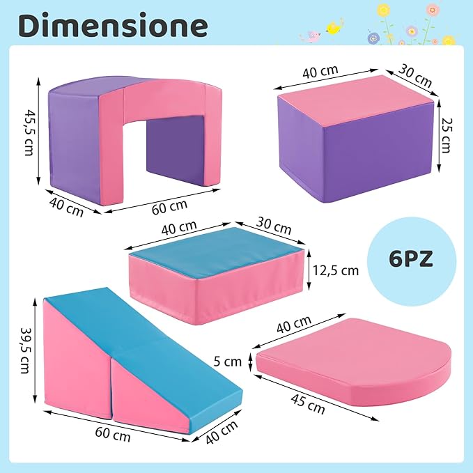 6 Blocchi di Schiuma per Arrampicata, Gioco Morbido per Bambini, Set di Costruzioni Colorate per Arrampicarsi e Strisciare con Tunnel, Scale e Rampetta per Bambini 12 Mesi + (Viola)