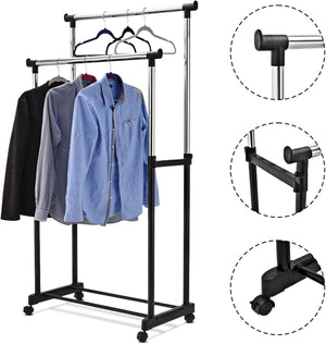 Stand Appendiabiti Multiuso in Metallo, Porta Abiti con Ruote, Appendiabiti Doppio con Altezza Regolabile, 86x43x94-168 cm